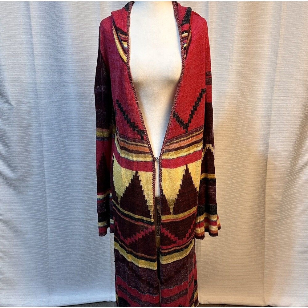 Free People Long Hooded Cardigan Sweater in Red, Yellow, Brown